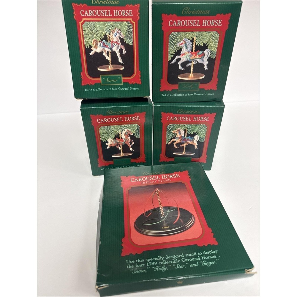 Hallmark Carousel Horse Set and Stand - Ginger Snow Star Holly 1989